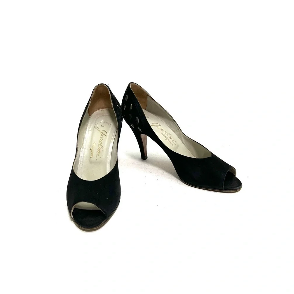Vintage 1970s black suede peep toe studded heel stiletto pumps
